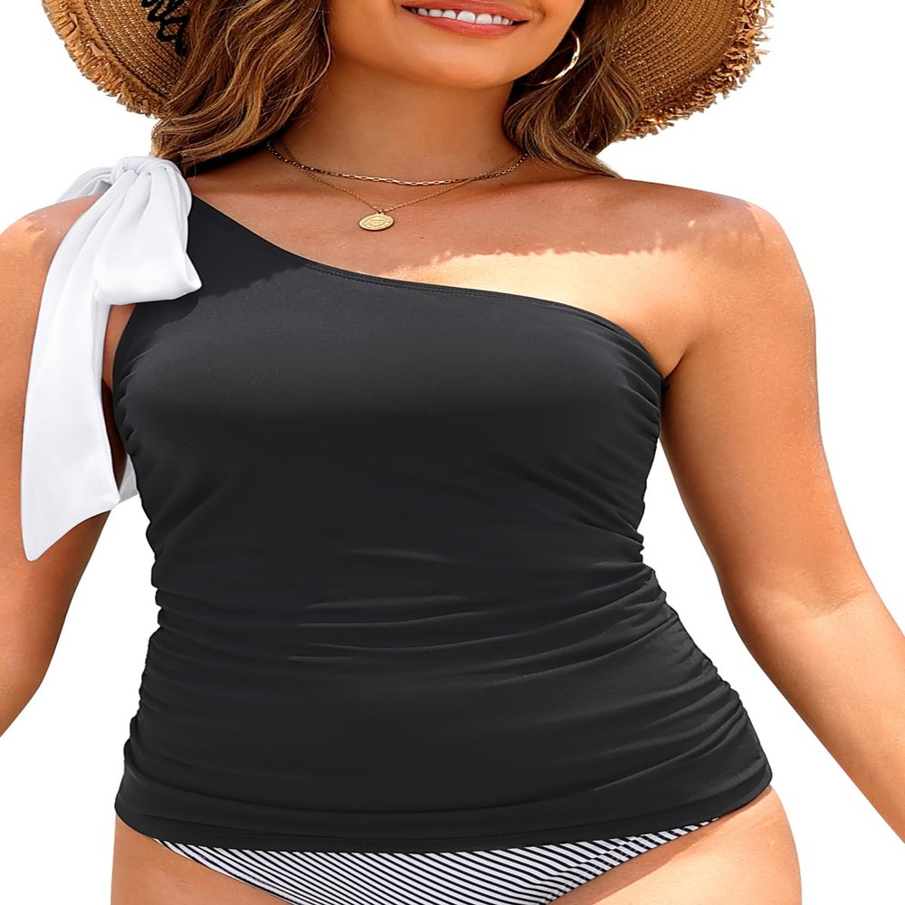 Women Tankini Bathing Suit Top - One Shoulder Swim Top Only Black Tummy Control Swimsuit Tie Swimwear XL