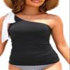 Women Tankini Bathing Suit Top - One Shoulder Swim Top Only Black Tummy Control Swimsuit Tie Swimwear XL view 1