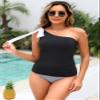 Women Tankini Bathing Suit Top - One Shoulder Swim Top Only Black Tummy Control Swimsuit Tie Swimwear XL view 4