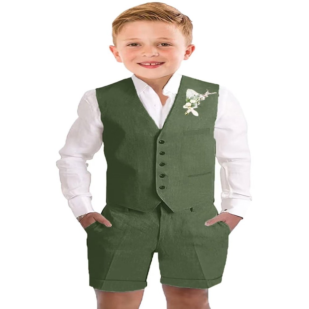 Kids Linen Shorts Suit Summer Beach Wedding Prom Tuxedo Vest Suits for Teen Boys Casual Homecoming 3 Piece Suit Set Size 16 Dark Green