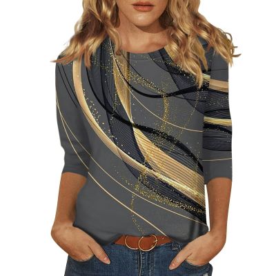 Womens 3/4 Sleeve Tops 2025 Spring Print Round Neck Shirts Loose Fit Three Quarter Sleeve Tshirts
