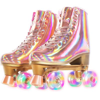 JajaHoho Roller Skates for Women, Holographic High Top Classic Rollerskates, Rosegold Shiny Double-Row Four Pink Glitter Wheels Quad Skates Girls Indoor Outdoor (Rose Gold, Size 10)