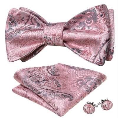 Barry.Wang Self Tie Bow Ties for Men Blush Pink Bow Tie Pocket Square Cufflinks Set Paisley Flower Bowtie Wedding Party