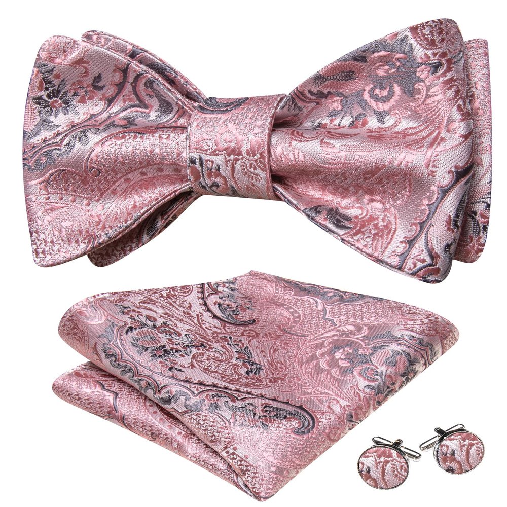 Barry.Wang Self Tie Bow Ties for Men Blush Pink Bow Tie Pocket Square Cufflinks Set Paisley Flower Bowtie Wedding Party