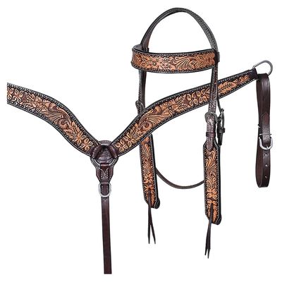 HILASON Horse Floral Hand Carved American Leather Breast Collar Headstall Set Dark Brown | and Western Tack