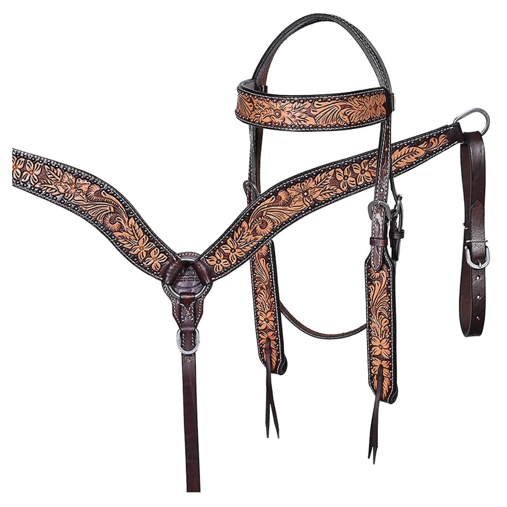 HILASON Horse Floral Hand Carved American Leather Breast Collar Headstall Set Dark Brown | and Western Tack