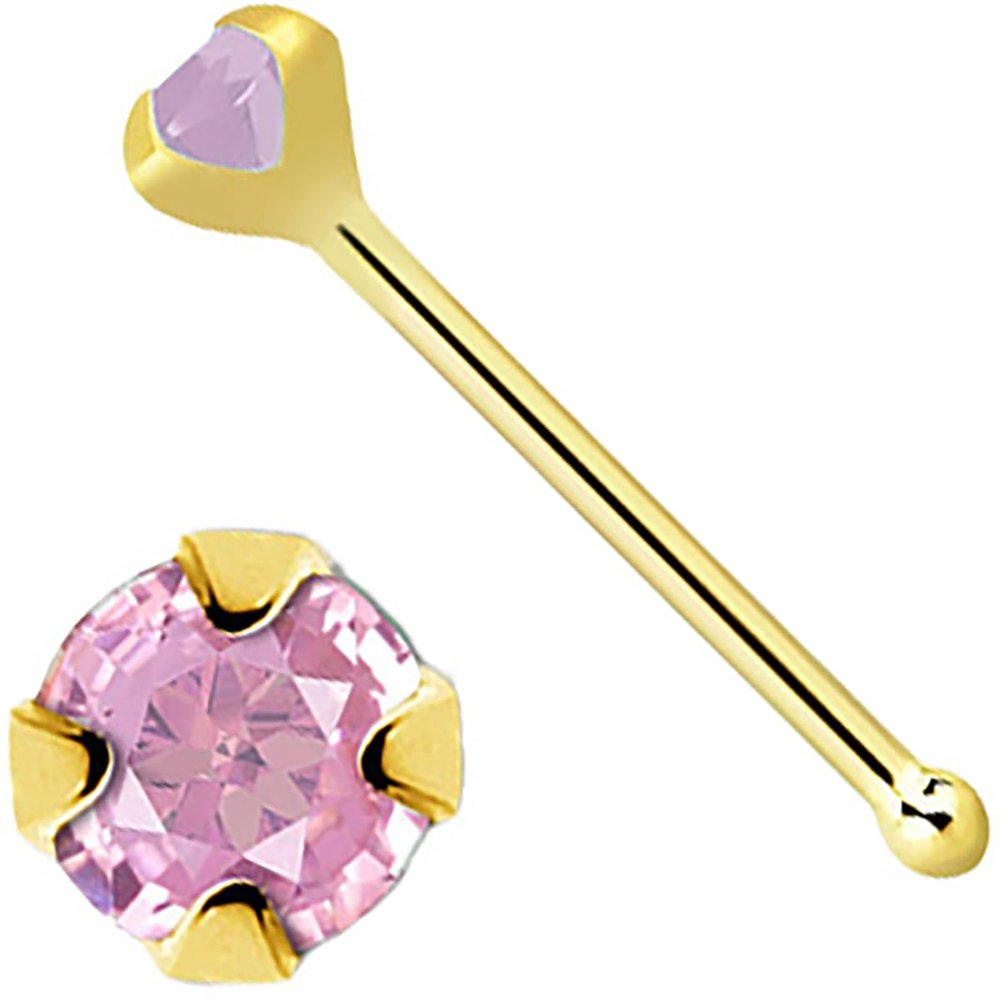 14K Solid Gold 22 Gauge Nose Stud Bone Pin 6.5mm Tiny Nose Ring Prong Set Real 2mm Gems Pink Tourmaline Nose Bone Studs 1/4"