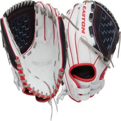 Easton | Professional Collection Fastpitch Softball Glove | Right Hand Throw | 12" - Basket Web | White/Navy/Red