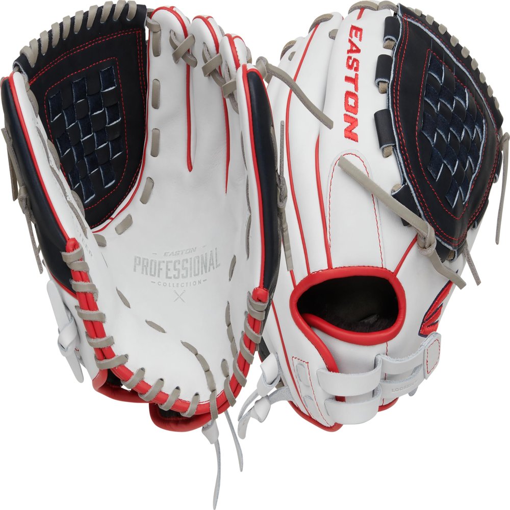 Easton | Professional Collection Fastpitch Softball Glove | Right Hand Throw | 12" - Basket Web | White/Navy/Red