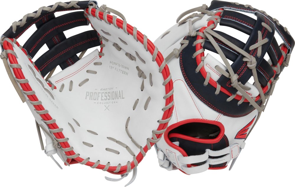 Easton | Professional Collection Fastpitch First Base Mitt | Left Hand Throw | 13" - Single Post Double Bar Web | White/Navy/Red
