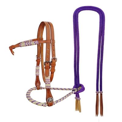 CHALLENGER Horse Western Knotted Bosal Rawhide Hanger Headstall w/Purple Braided Reins 78J04PR