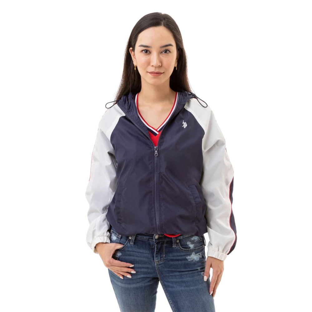 U.S. POLO ASSN. Women's Hooded Raglan Sleeve Varsity Windbreaker W/Piping Poly Mesh Lining, Evening Blue, Large