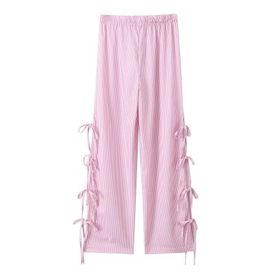 Y2K Gingham Pants for Women Bow Tie Side Slit Wide Leg Lounge Loose Fit Plaid Trousers Teen Girls Going Out Pants