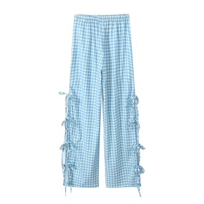 Y2K Gingham Pants for Women Bow Tie Side Slit Wide Leg Lounge Loose Fit Plaid Trousers Teen Girls Going Out Pants