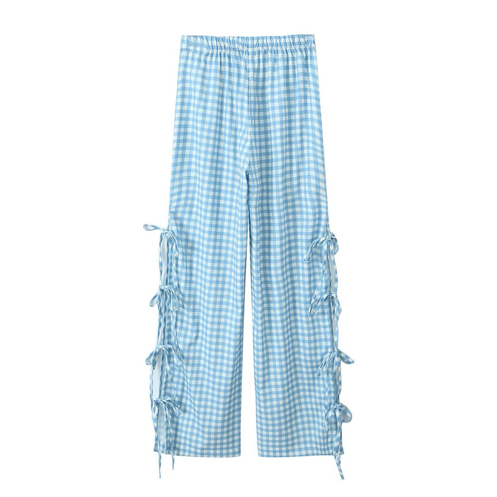 Y2K Gingham Pants for Women Bow Tie Side Slit Wide Leg Lounge Loose Fit Plaid Trousers Teen Girls Going Out Pants