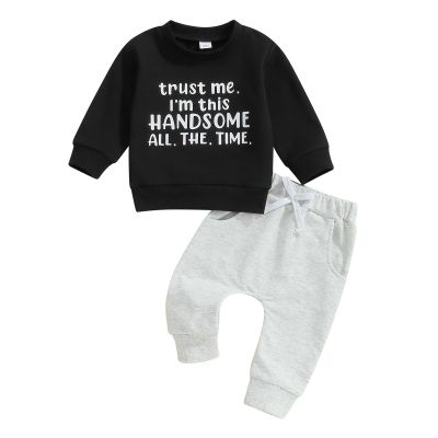 Finegoodwei Toddler Baby Boy Fall Clothes Letter Print Long Sleeve Sweatshirt + Elastic Pants Cute Kids Winter Outfits (Black-T, 2-3 Years)