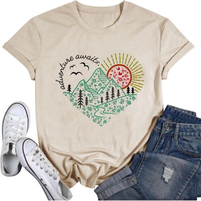 Adventure Awaits Shirt for Women Funny Mountain Road Graphic Kindness Heart Printed Tee Top Hiking Outdoor Workout Tops, Apricot XXL