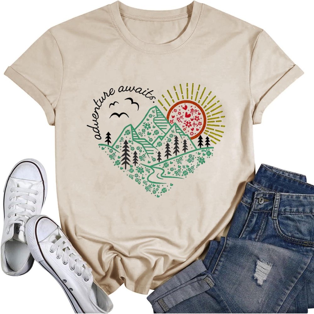 Adventure Awaits Shirt for Women Funny Mountain Road Graphic Kindness Heart Printed Tee Top Hiking Outdoor Workout Tops, Apricot XXL