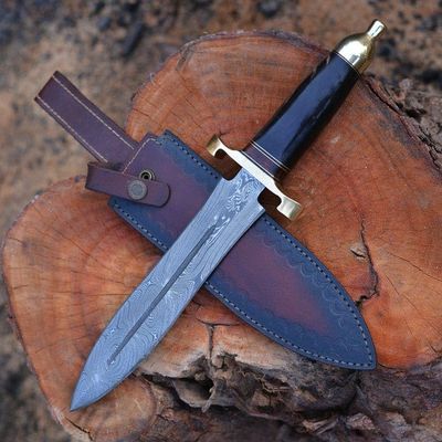 Blade Frenzy Custom Hand Forged Damascus Steel Hunting Knife, Flame Pommel Guard, Premium Blade for Hunting and Camping, Dagger Knife, Buffalo Horn Handle,Premium Leather Sheath, Black