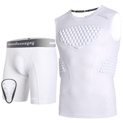 COOLOMG Youth Boys Chest Rib Protector + Boys Compression Shorts with Cup, White M