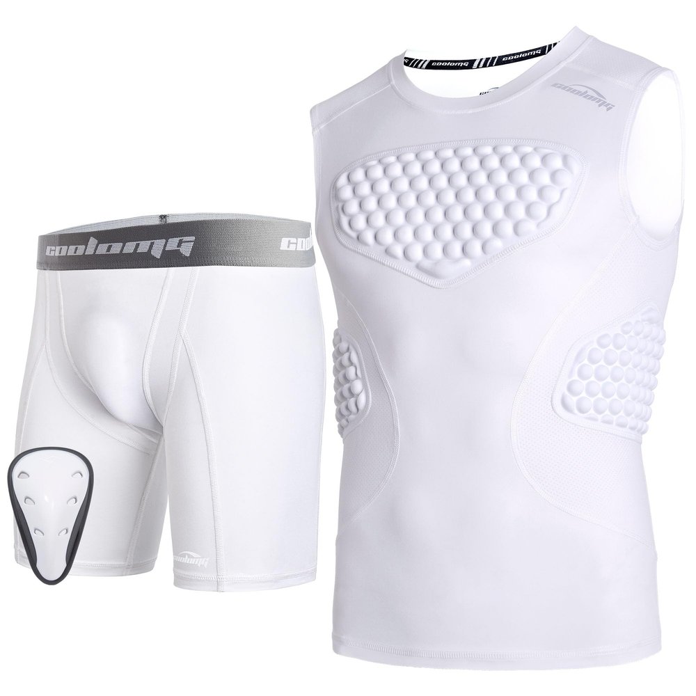 COOLOMG Youth Boys Chest Rib Protector + Boys Compression Shorts with Cup, White M