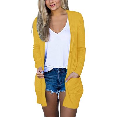 JOFOW Woman Apparel Casual Loose Lightweight Cardigans with Pockets Long Cardigans for Women Trendy Cardigan Sweaters for Women Long (A-Yellow,Medium)