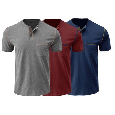 3 Pack Henley Shirt for Men Front Placket Short Sleeve Summer Tops Casual Button Cotton T-Shirt with Pocket (Grey/Red/D-Blue,3XL)