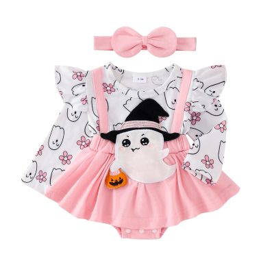 JLKGICF Baby Girl Halloween Thanksgiving Christmas Outfit Ghost Turkey Santa Claus Romper Skirt Overalls Dress Winter Clothes (Pink Cute Ghost, 9-12 Months)