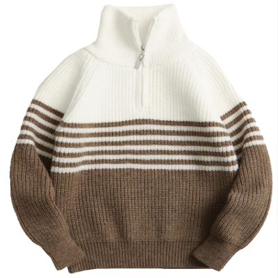 Happy Cherry Boys Sweater Quarter Zip Pullover Lightweight Casual Pullovers for Kids Striped Warm Soft Outwear Brown