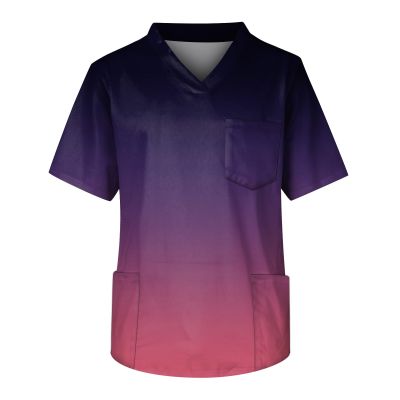 Scrubs Tops for Men Plus Size Stretch V Neck Short Sleeve Nursing Shirts Funny Print Scrub Tops Men Gradient Holiday Nurse Shirts Medical Uniform with Pockets 04-Dark Purple