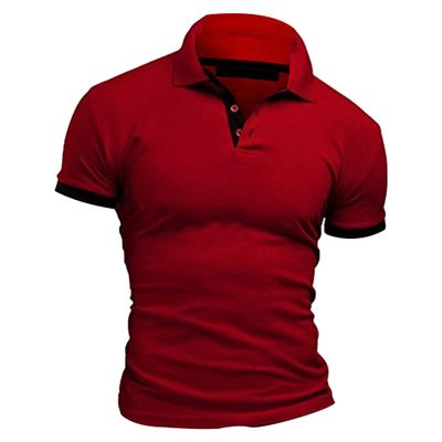 JEKE-DG Men's Slim Fit Color Matching Polo Shirt Lightweight Soft Golf Lapel T Shirt Casual Solid Short Sleeve T-Shirts (Wine Red,S)
