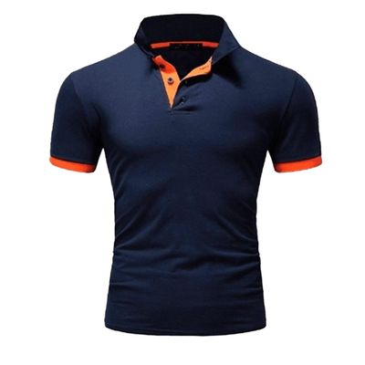 JEKE-DG Men's Slim Fit Color Matching Polo Shirt Lightweight Soft Golf Lapel T Shirt Casual Solid Short Sleeve T-Shirts (Navy Blue Orange,M)