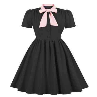 Women Short Sleeve 1950s Retro Vintage Cocktail Swing Dresses Buttons Bow Tie Neck 50s Style Dresses for Women Office Wear to Work Dress Retro 1940s 1960s Rockabilly Prom Dress Black + Pink XL