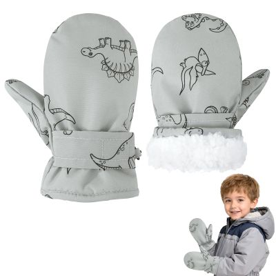 Toddler Mittens Warm Kids Lined Fleece Gloves Winter Ski Gloves Snow Waterproof Mittens for Baby Boys Girls Grey Dinosaur M