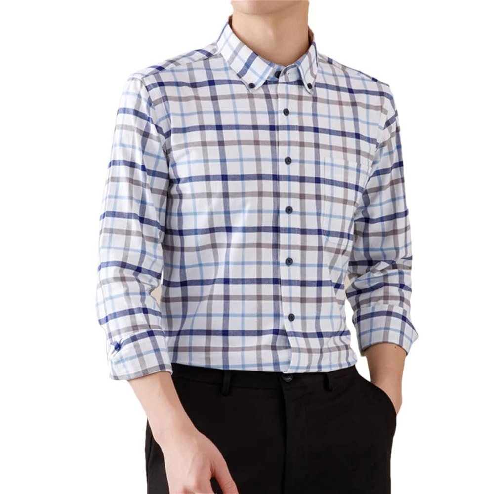 Men's Cotton Striped Checkered Long Sleeve Shirt Pocket Button-Down Plaid Versatile Casual Shirts 16 3XL