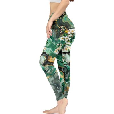 PCSJRKG Marbled Floral Printed Workout Yoga Pants for Women, Soft Yoga Pants Leggings Tummy Control Stretch Workout Leggings for Yoga Gym, Green, L