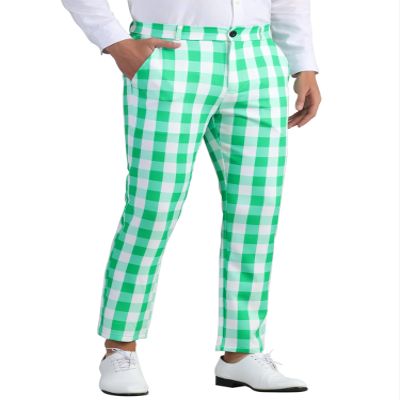 Lars Amadeus Green White Gingham Plaid Pants for Men's Flat Front Trousers Business Tartan Dress Pants 28