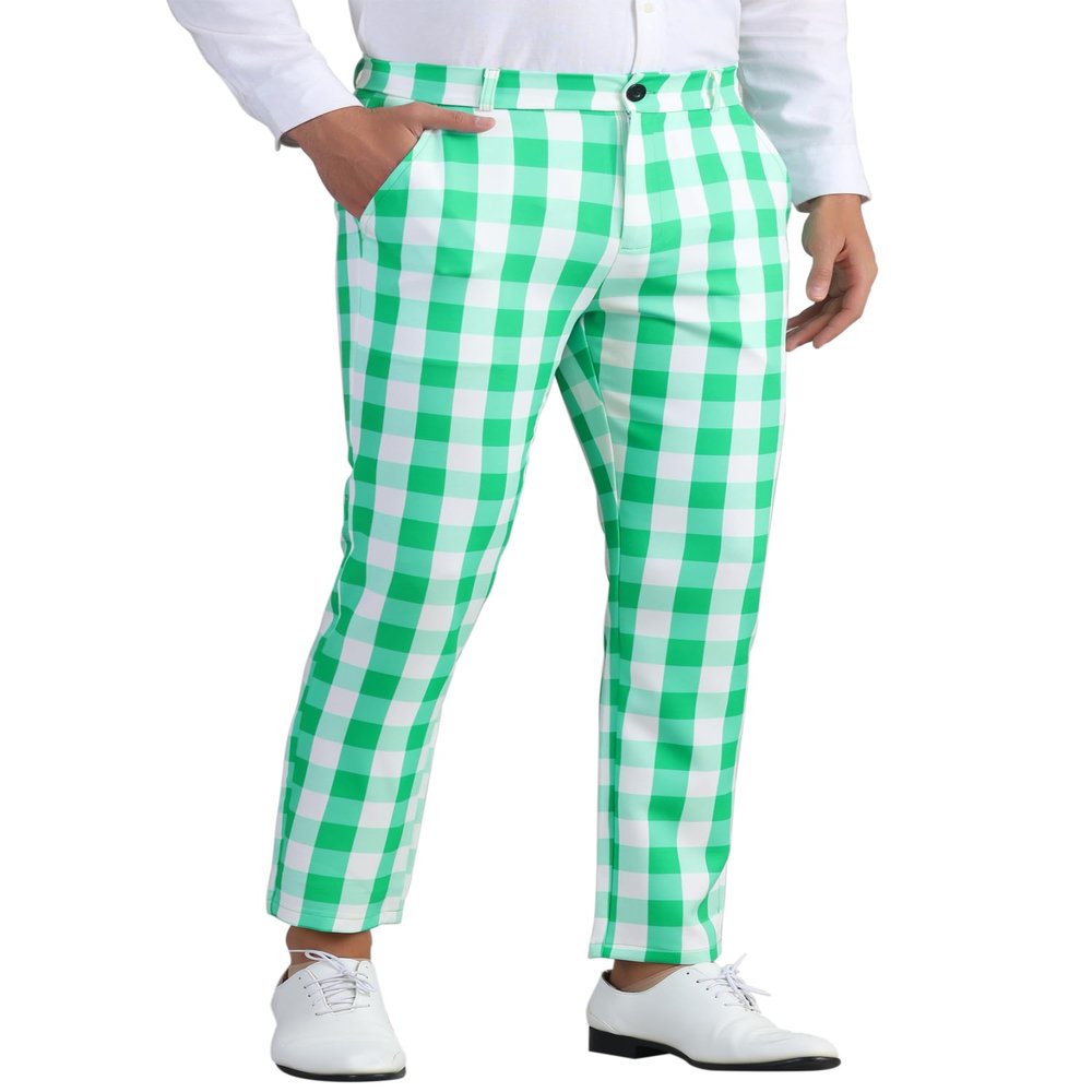Lars Amadeus Green White Gingham Plaid Pants for Men's Flat Front Trousers Business Tartan Dress Pants 28