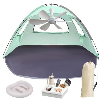Portable Summer Beach Tent, Mini Portable Beach Tent with Fan, Beach Tent Sun Shelter, Beach Tents for Family with Inflatable Foot Bath for Beach, Portable Easy Beach Tent Fan(Small)