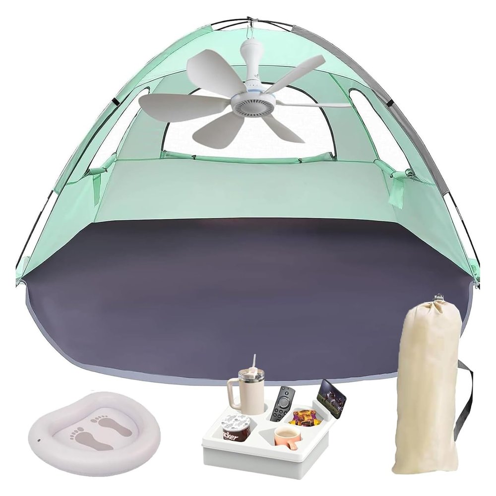 Portable Summer Beach Tent, Mini Portable Beach Tent with Fan, Beach Tent Sun Shelter, Beach Tents for Family with Inflatable Foot Bath for Beach, Portable Easy Beach Tent Fan(Small)