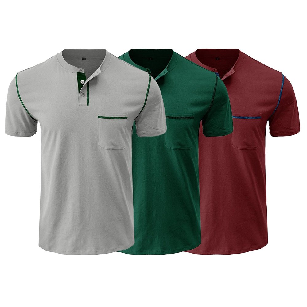 3 Pack Henley Shirt for Men Front Placket Short Sleeve Summer Tops Casual Button Cotton T-Shirt with Pocket (Grey2/Green2/Red,M)