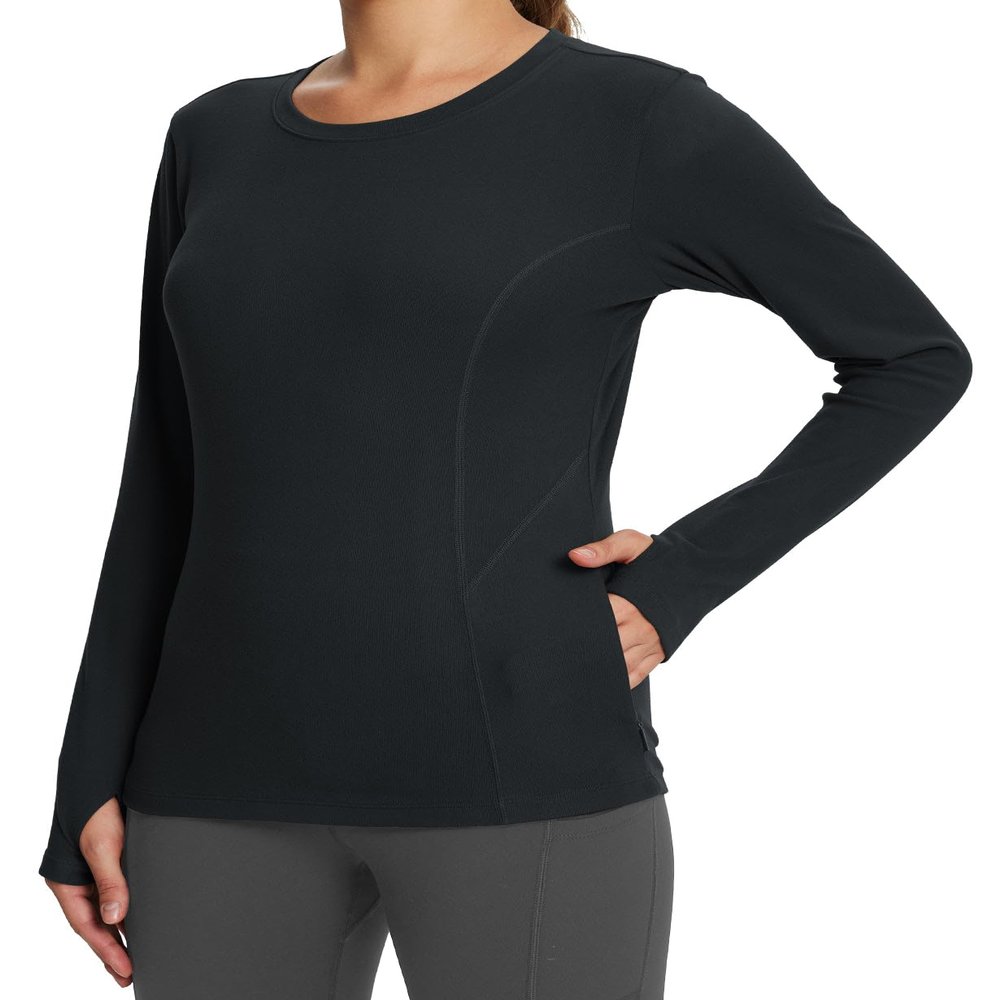 baleaf Women's Fleece Shirts Thermal Tops Long Sleeve Zipper Pocket Brushed Fabric Comfy Soft Warm Base Layer Cold Wearther Gear Thumbholes Black S