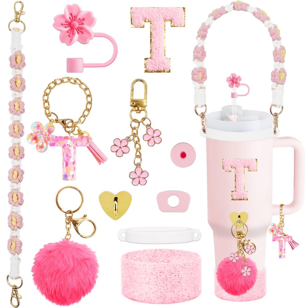 XIANGYUAN 11PCS Cup Accessories for Stanley, Straw Cover Cap for 30oz or 40oz, Including Water Bottle Handle Strap, Boot, Decorative Chains, Personalized Sticker
