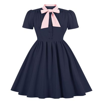 Women Short Sleeve 1950s Retro Vintage Cocktail Swing Dresses Buttons Bow Tie Neck 50s Style Dresses for Women Office Wear to Work Dress Retro 1940s 1960s Rockabilly Prom Dress Navy Blue + Pink 2XL