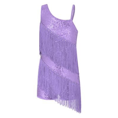 Sinleey Kids Girls Shiny Tassel Latin Dance Dress Sleeveless Salsa Tango Jazz Samba Ballroom Dance Fringe Dress Lavender A 14 Years