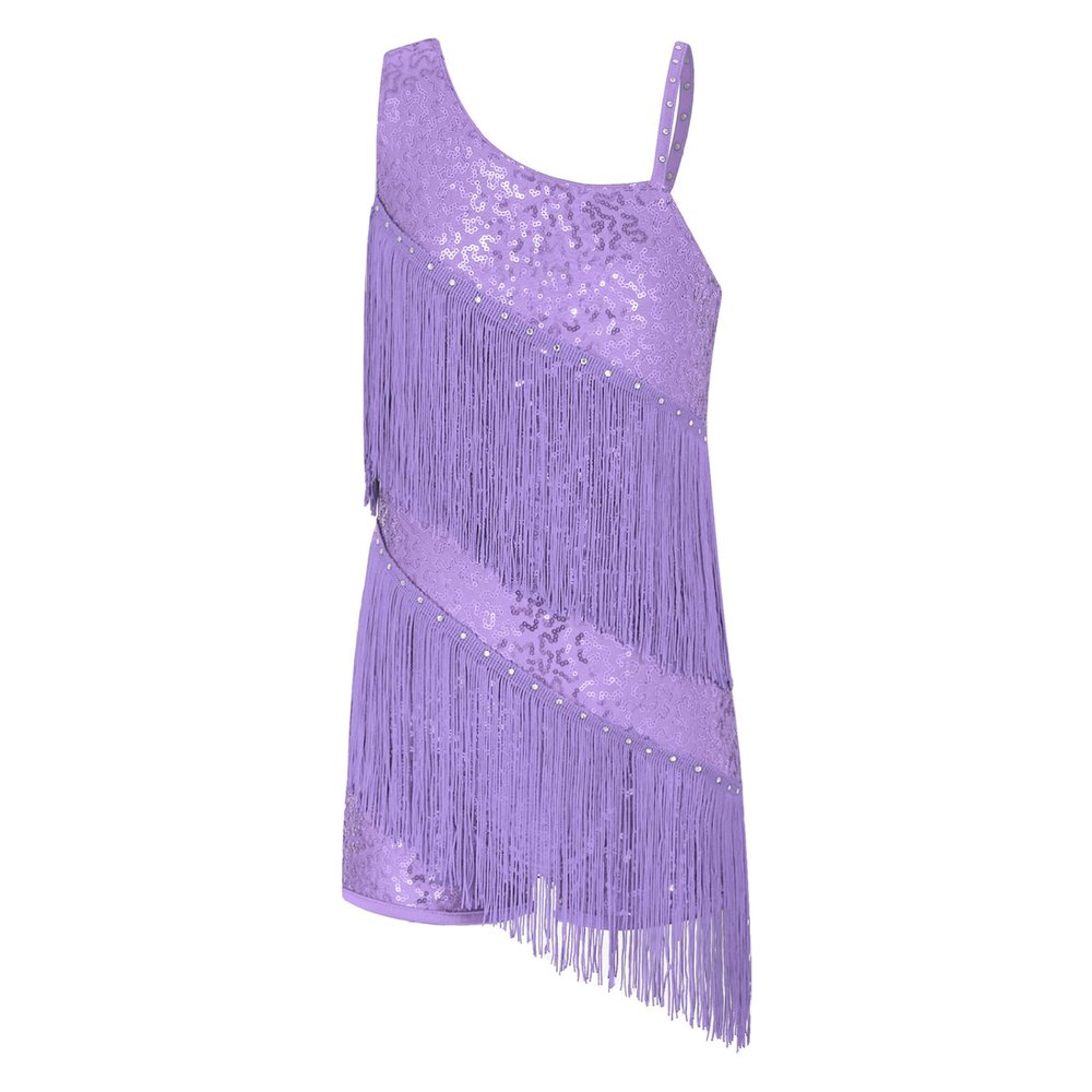 Sinleey Kids Girls Shiny Tassel Latin Dance Dress Sleeveless Salsa Tango Jazz Samba Ballroom Dance Fringe Dress Lavender A 14 Years