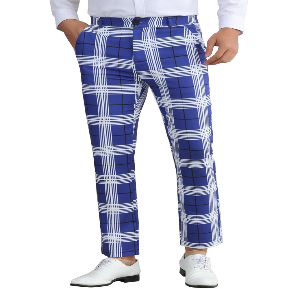 Lars Amadeus Plaid Dress Pants for Men's Flat Front Chino Contrasting Colors Business Tartan Trousers 38 Navy Blue