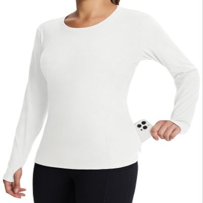 baleaf Women's Fleece Shirts Thermal Tops Long Sleeve Zipper Pocket Brushed Fabric Comfy Soft Warm Base Layer Cold Wearther Gear Thumbholes White L