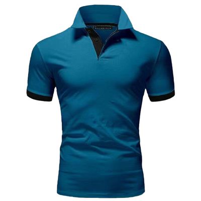 JEKE-DG Men's Slim Fit Color Matching Polo Shirt Lightweight Soft Golf Lapel T Shirt Casual Solid Short Sleeve T-Shirts (Dark Blue,S)