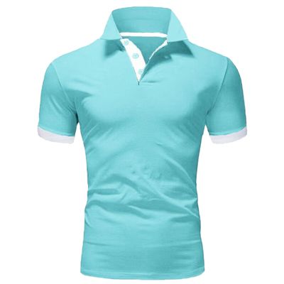 JEKE-DG Men's Slim Fit Color Matching Polo Shirt Lightweight Soft Golf Lapel T Shirt Casual Solid Short Sleeve T-Shirts (Cyan,M)